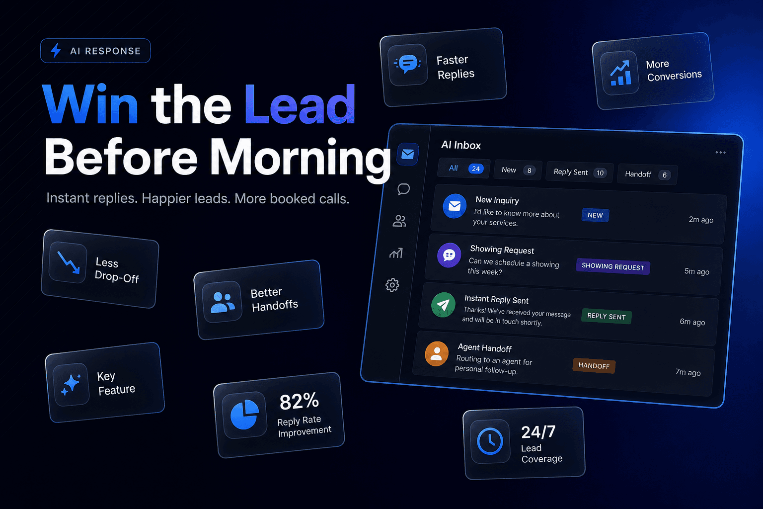 The cover image features a dark navy-charcoal background with a subtle diagonal line texture. In the top-left corner, a small pill badge reads 'AI RESPONSE' above the bold headline 'Win the Lead Before Morning.' Scattered across the canvas are dynamic feature cards, showcasing icons and text that emphasize the importance of AI in real estate. The design uses a cohesive blue color palette for accents, ensuring all text is crisp and readable, conveying a professional and modern look.