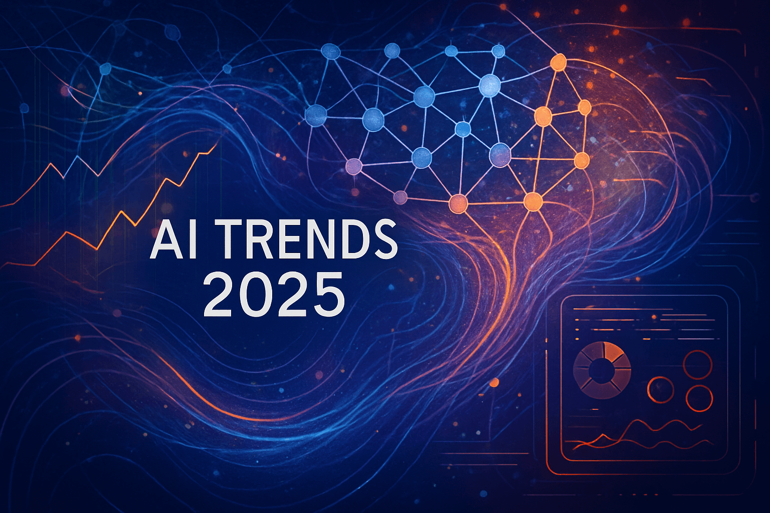 An abstract, futuristic illustration representing AI trends in 2025 with swirling networks and neon lines