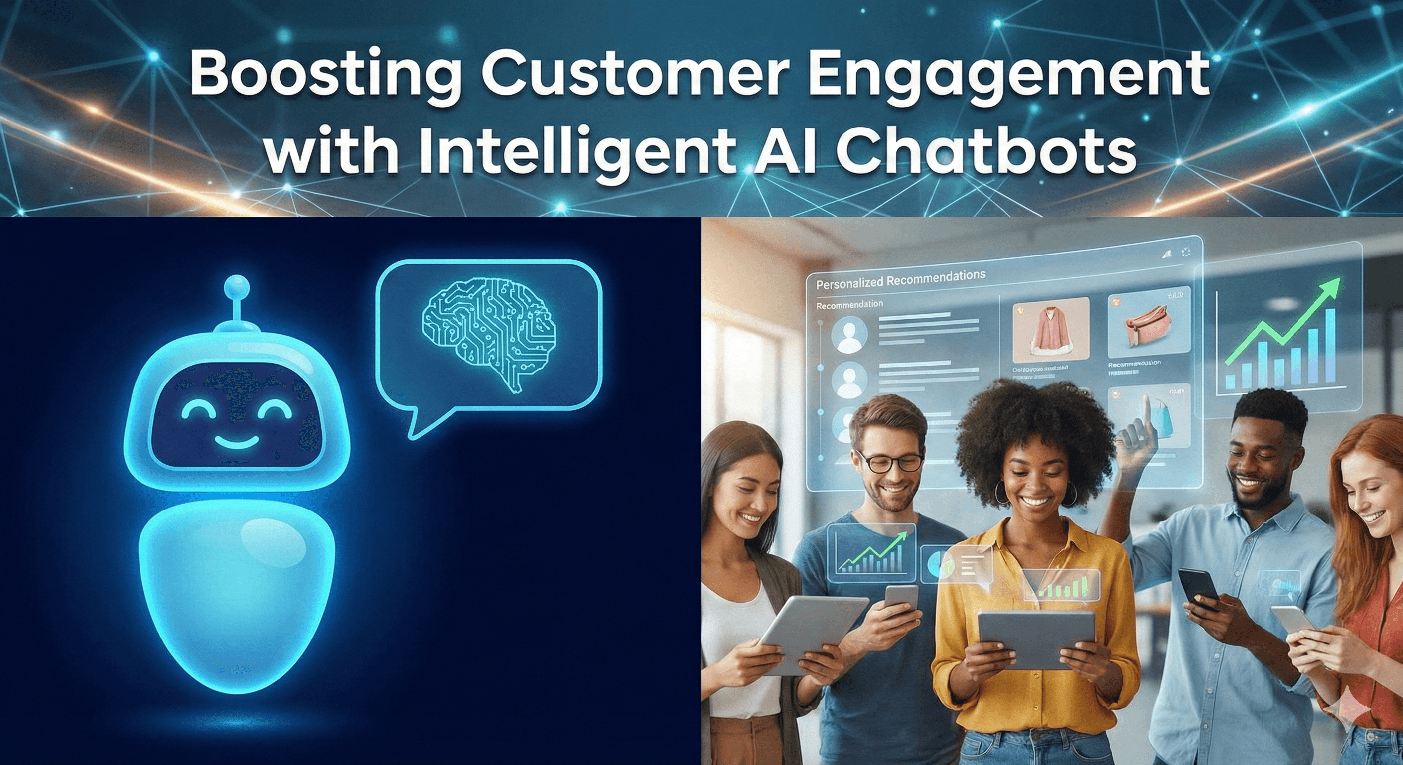 Illustration of a friendly AI chatbot with speech bubbles and the headline 'Boosting Customer Engagement with Intelligent AI Chatbots' on a modern gradient background. Designed for compatibility with both light and dark themes.