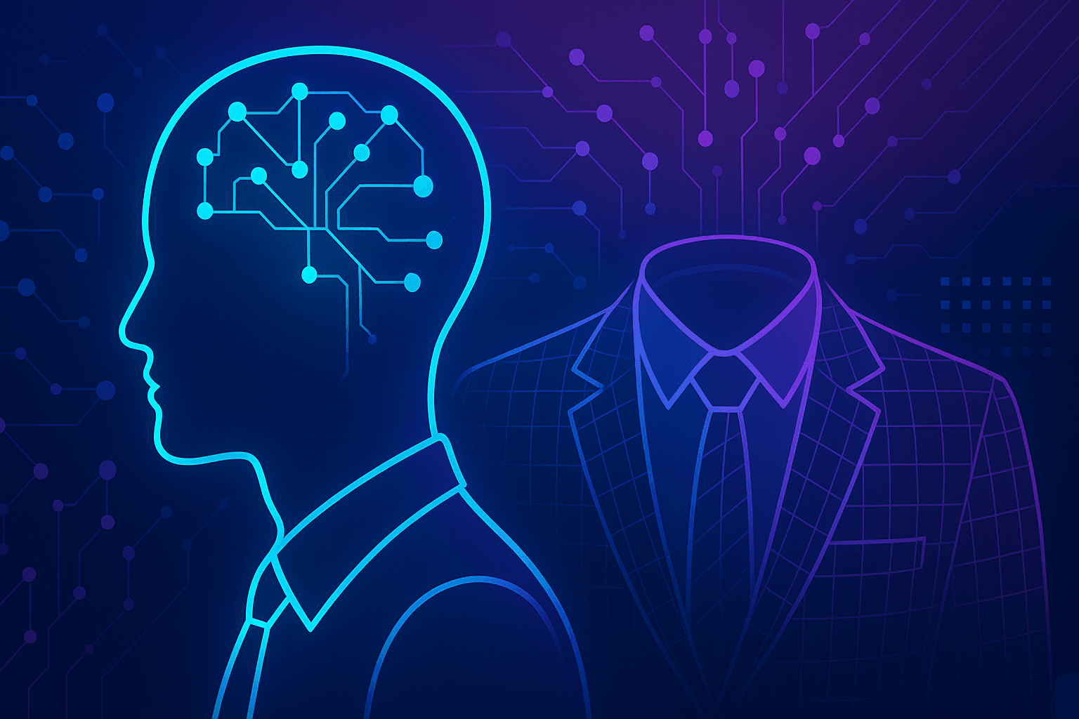A futuristic, minimalistic image in blue-purple and cyan-magenta gradients showing AI chatbots interacting with abstract business environments—neural networks, data grids, and digital workspaces—symbolizing productivity in small businesses.