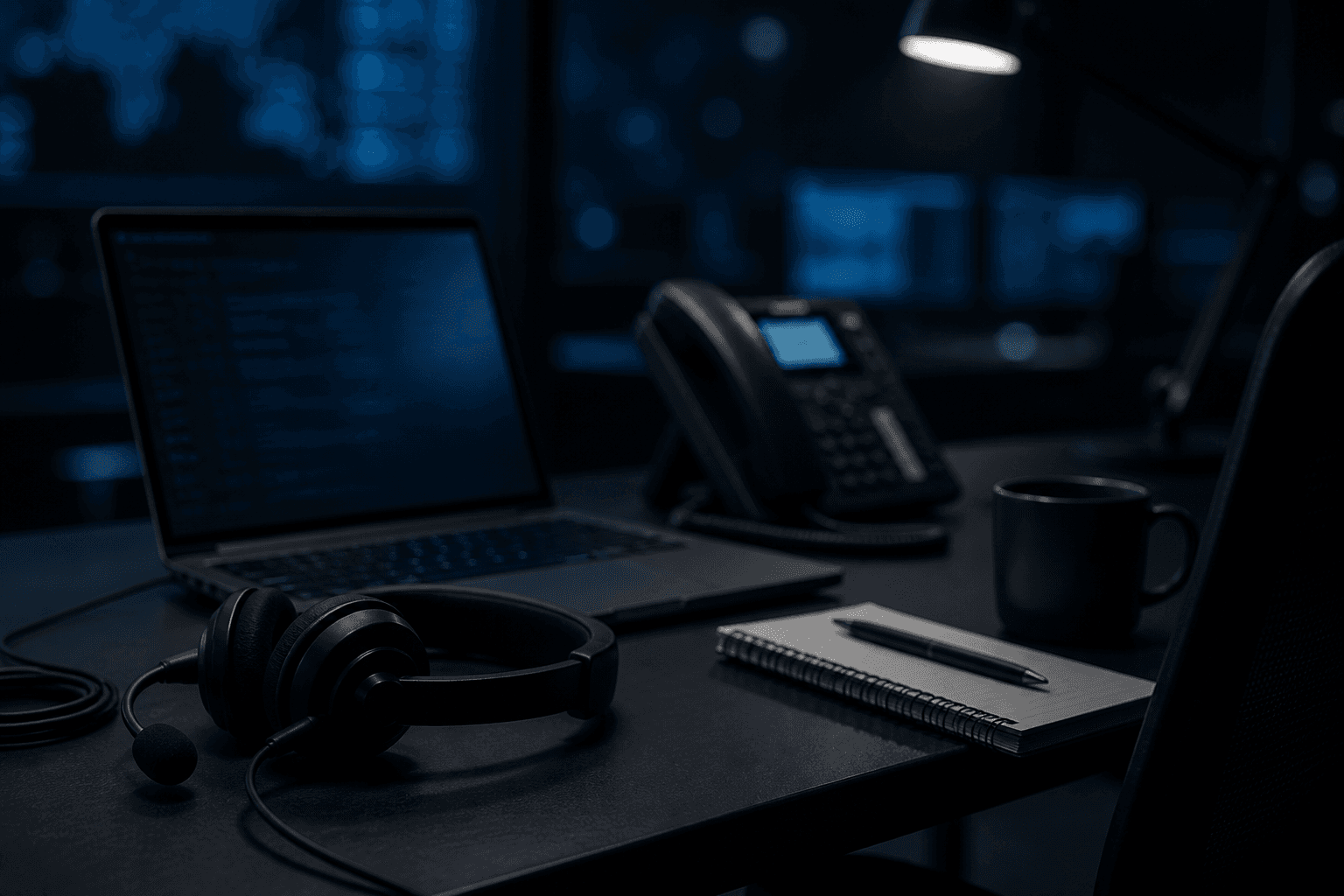 Night operations desk with a headset and a softly lit laptop