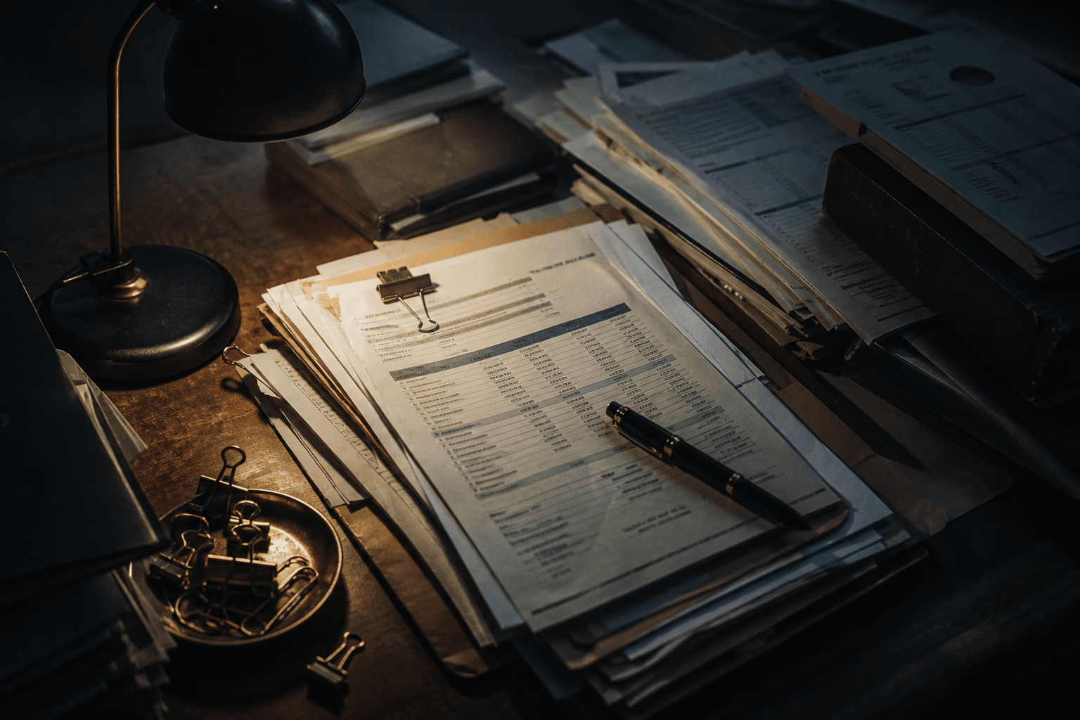 Invoices and folders on a dark desk under a small lamp