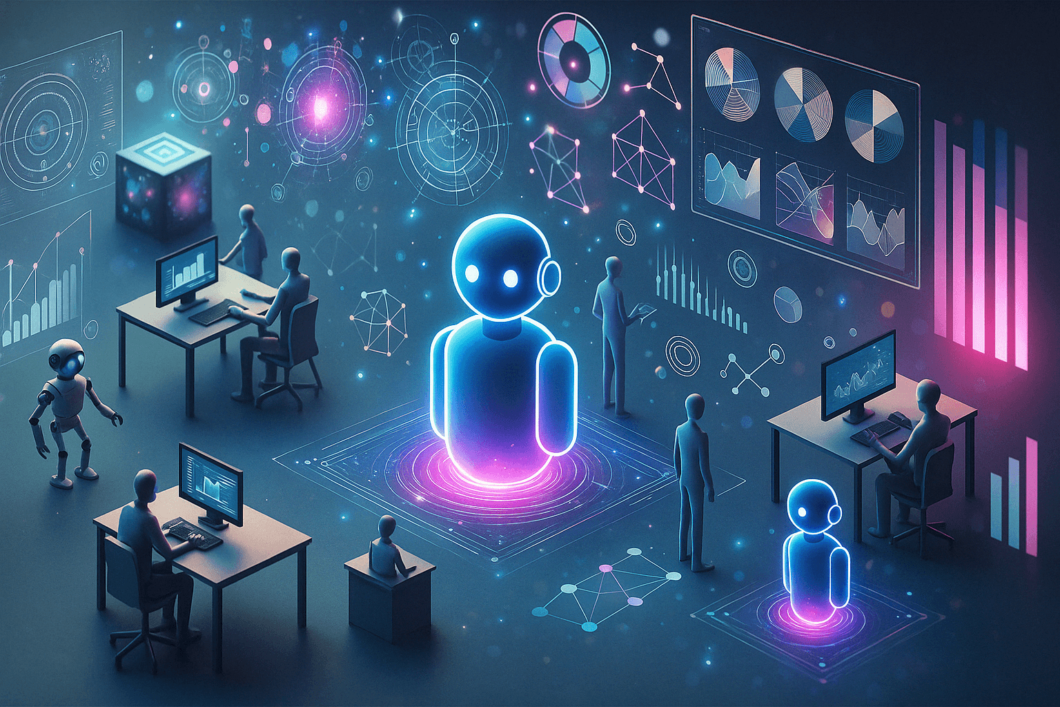 A futuristic, minimalistic image in blue-purple and cyan-magenta gradients showing AI chatbots interacting with abstract business environments—neural networks, data grids, and digital workspaces—symbolizing productivity in small businesses.