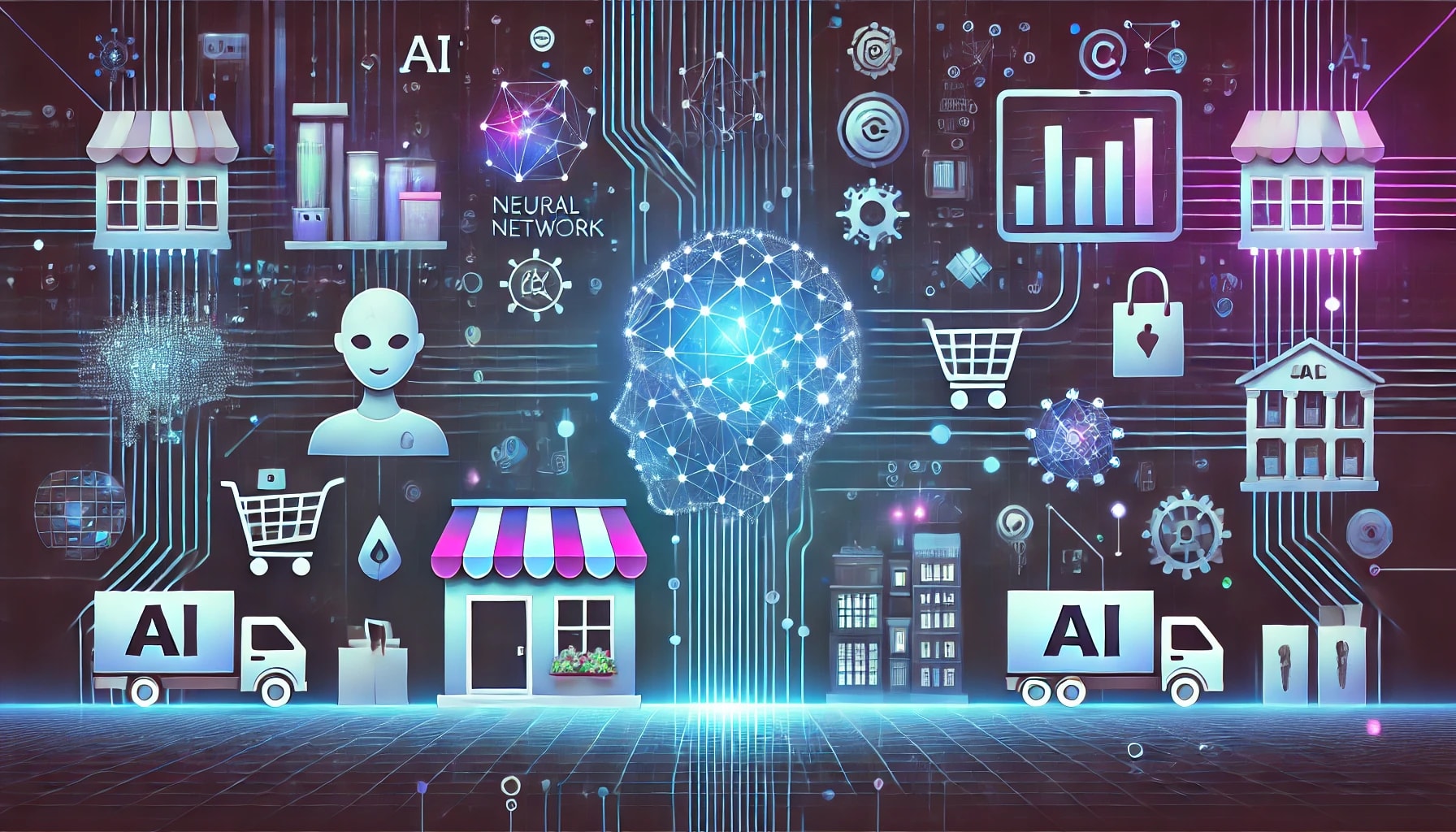 Abstract futuristic illustration showing AI integration in small businesses, with neural network lines and glowing nodes connecting icons like a storefront, delivery truck, computer, and analytics chart. Uses a gradient of cyan to magenta on a tech-inspired background.