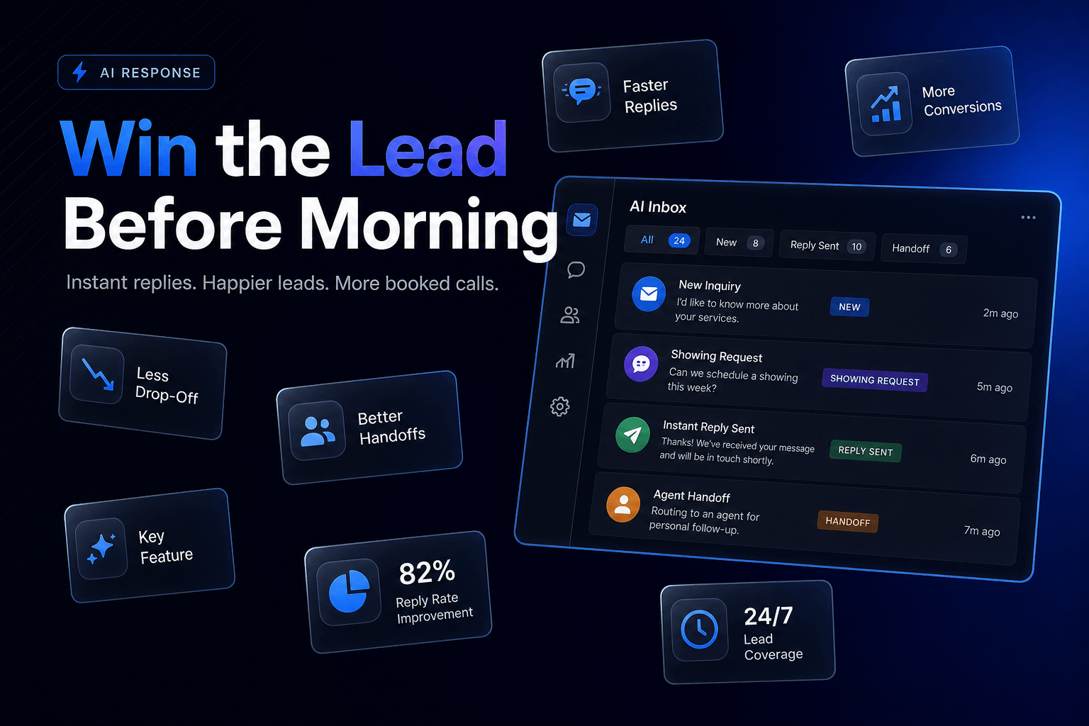 The cover image features a dark navy-charcoal background with a subtle diagonal line texture. In the top-left corner, a small pill badge reads 'AI RESPONSE' above the bold headline 'Win the Lead Before Morning.' Scattered across the canvas are dynamic feature cards, showcasing icons and text that emphasize the importance of AI in real estate. The design uses a cohesive blue color palette for accents, ensuring all text is crisp and readable, conveying a professional and modern look.