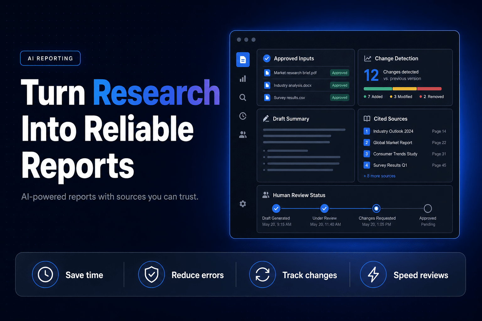 A professional blog cover image featuring a deep navy gradient background with a subtle dot-grid pattern. On the left side, there is a small rounded pill badge labeled 'AI REPORTING' in all-caps, above a large bold headline that reads 'Turn Research Into Reliable Reports.' The right side of the image includes clean, modern graphics that visually represent data analysis and reporting, enhancing the theme of transforming research tasks into efficient reporting systems.
