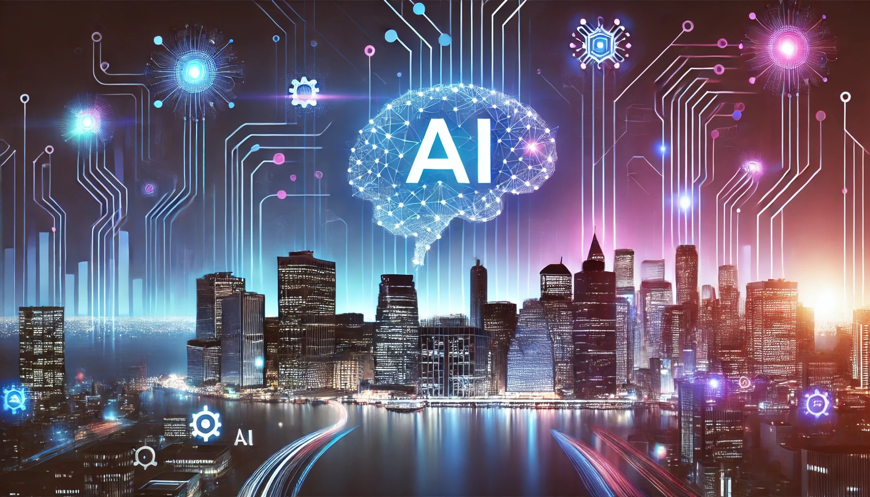 A futuristic city skyline overlaid with abstract glowing neural networks and floating data grids in blue-purple and cyan-magenta gradients, symbolizing AI-driven innovation for entrepreneurs.