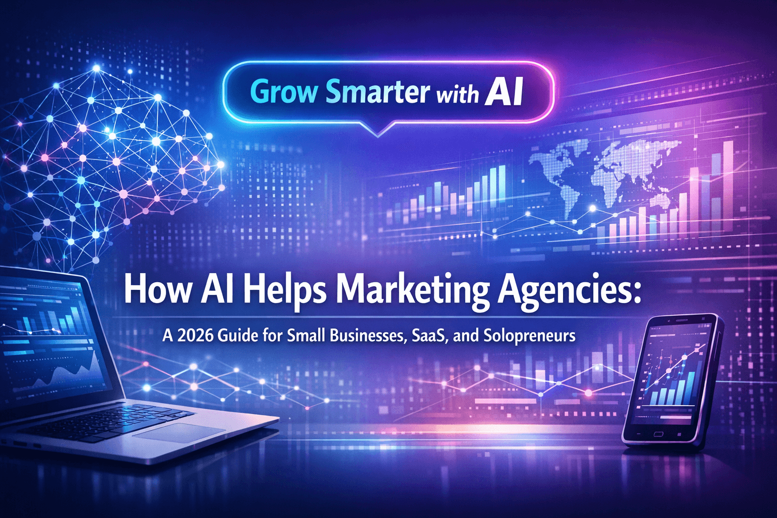 A futuristic illustration showing a marketing agency using AI to streamline operations, symbolizing smart, automated marketing.