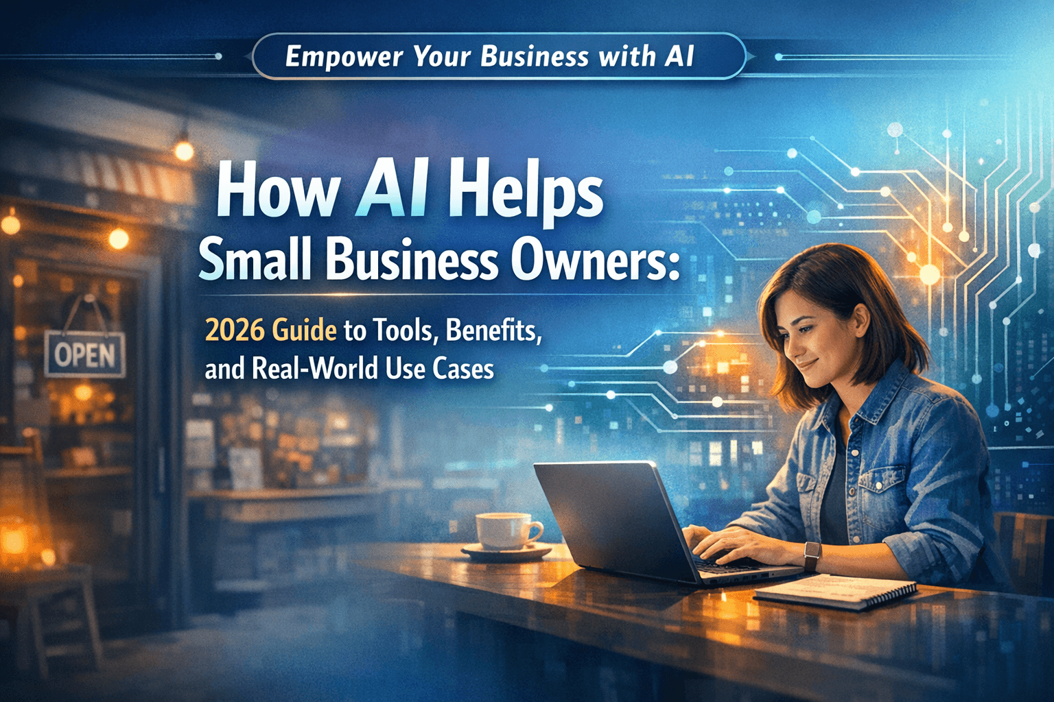 Small business owner using AI tools on a laptop in a modern office setting