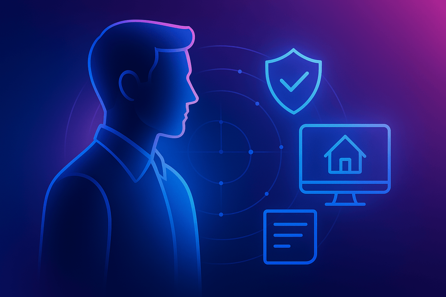Abstract futuristic illustration showing AI integration in insurance brokerages, with neural network lines and glowing nodes connecting icons like a storefront, delivery truck, computer, and analytics chart. Uses a gradient of cyan to magenta on a tech-inspired background.