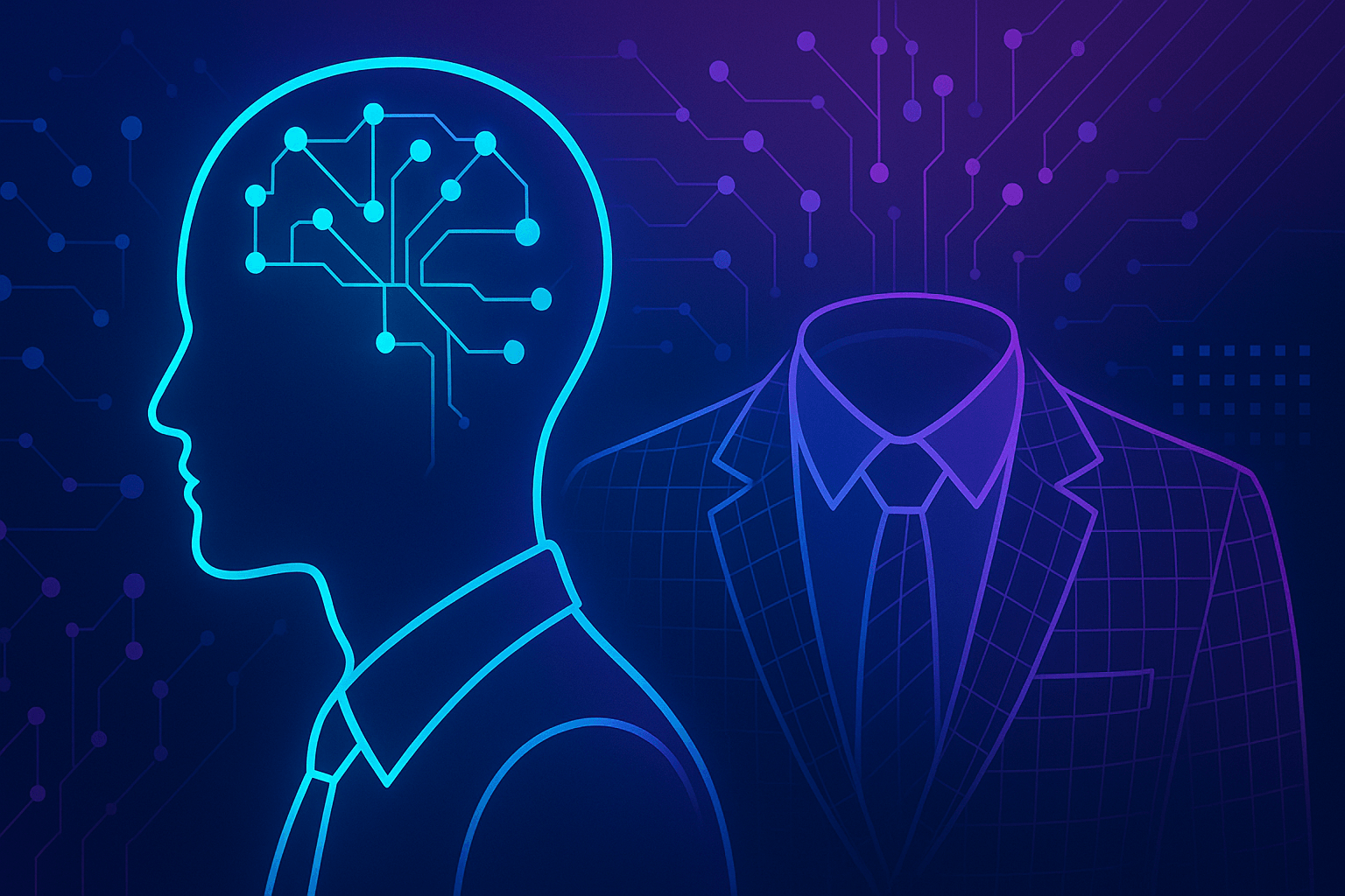 A futuristic, minimalistic image in blue-purple and cyan-magenta gradients showing AI chatbots interacting with abstract business environments—neural networks, data grids, and digital workspaces—symbolizing productivity in small businesses.