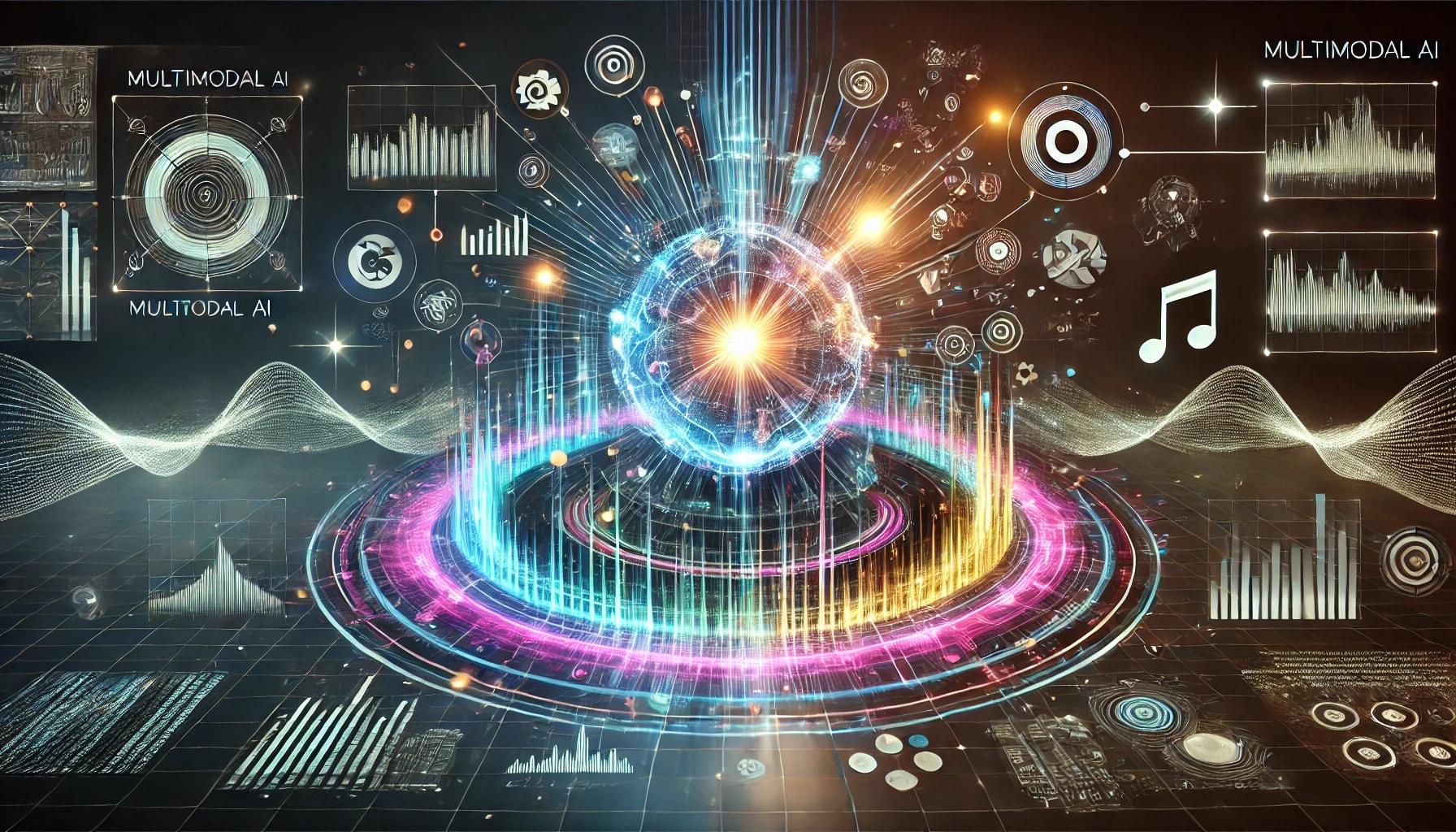 A futuristic digital illustration symbolizing multimodal AI, featuring abstract depictions of various data forms like text, images, audio waves, and video streams merging into interconnected neural network nodes. The design uses glowing gradients of blue-purple and cyan-magenta, with smooth flowing data grids in a sleek high-tech style. The background is modern and adaptable for light and dark themes.