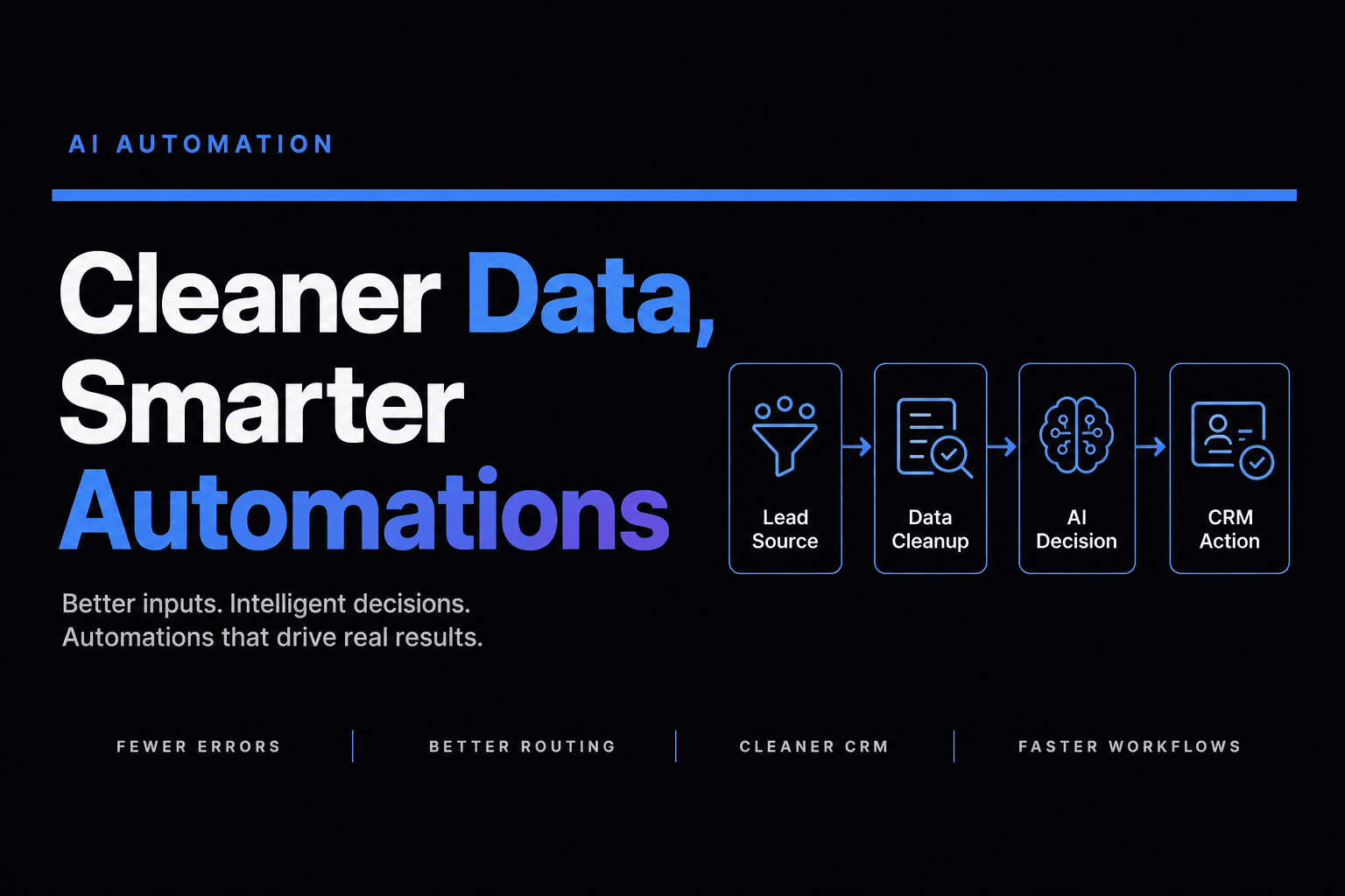 The cover image features a bold, minimalist design with the headline 'Cleaner Data, Smarter Automations' prominently displayed in heavy bold sans-serif font. The background is a solid dark charcoal color, creating a striking contrast with the crisp blue horizontal rule and text. The layout is clean and professional, with consistent spacing and alignment, emphasizing the importance of structured data in AI automations.
