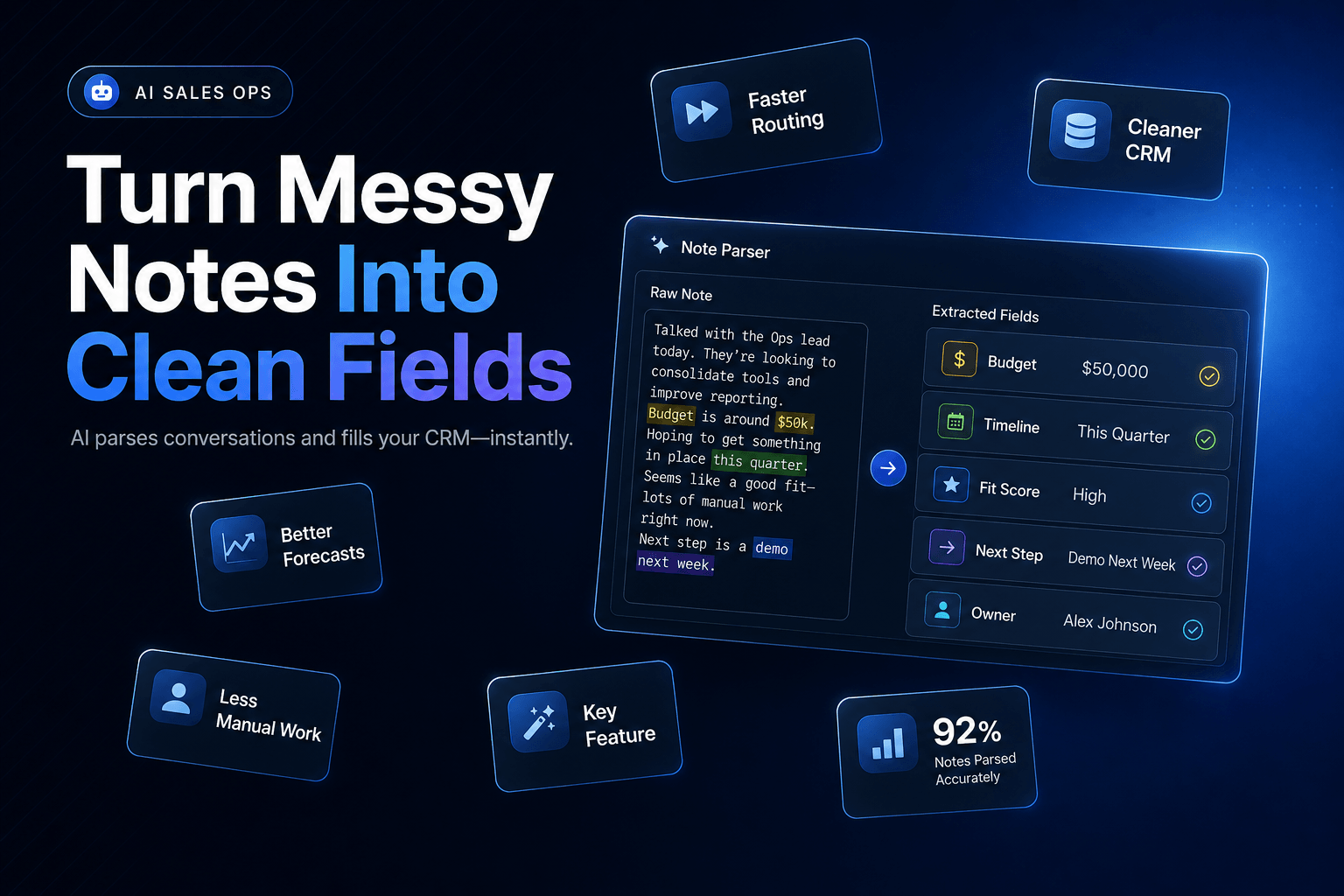 A professional blog cover image featuring a dark navy-charcoal background with a subtle diagonal texture. The top-left corner displays a small pill badge labeled 'AI SALES OPS' and the dominant headline 'Turn Messy Notes Into Clean Fields' in bold, heavy sans-serif font. Scattered across the canvas are feature cards with icons and text, all designed with a cohesive blue color palette. The overall layout is clean and modern, conveying a sense of expertise and professionalism.