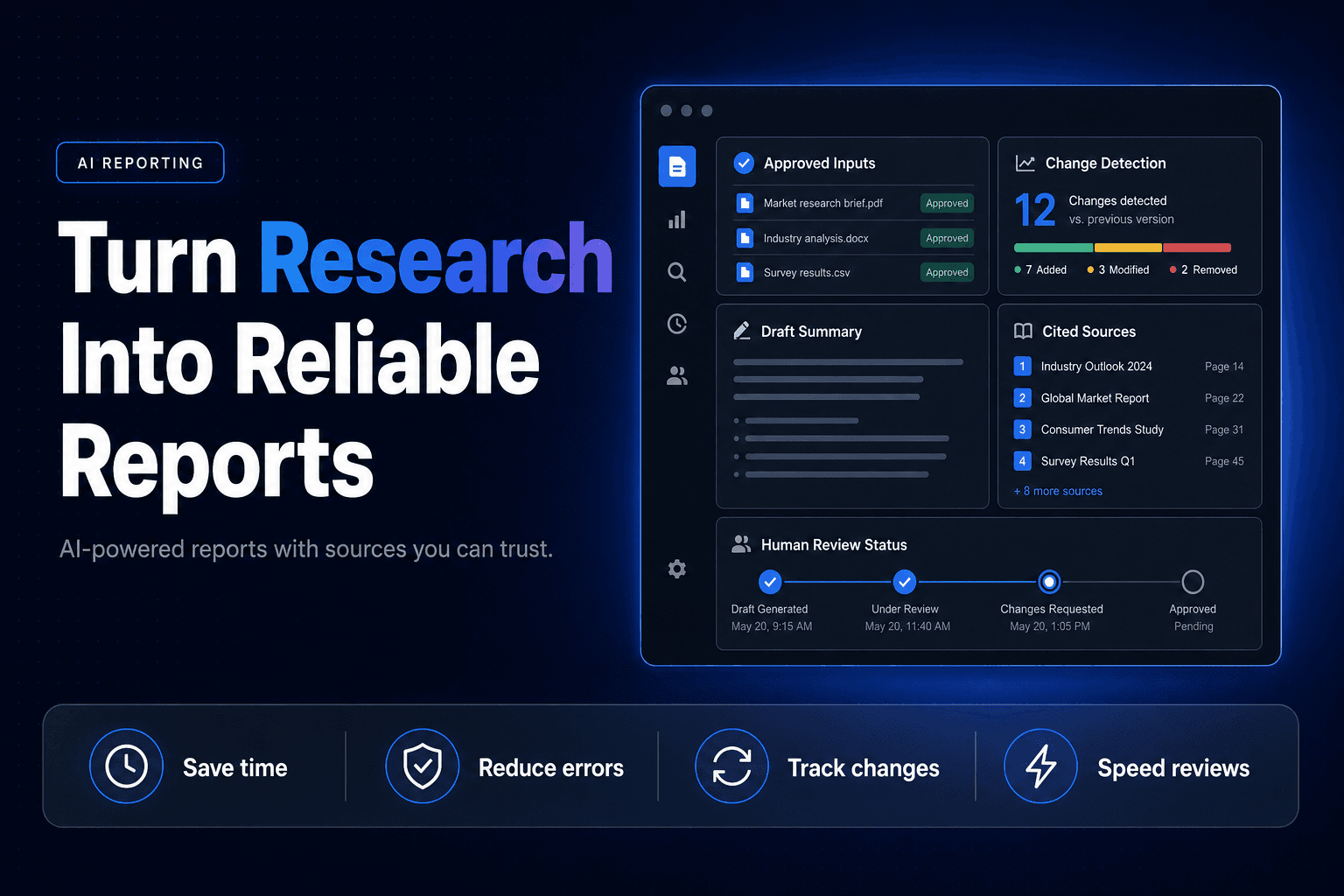 A professional blog cover image featuring a deep navy gradient background with a subtle dot-grid pattern. On the left side, there is a small rounded pill badge labeled 'AI REPORTING' in all-caps, above a large bold headline that reads 'Turn Research Into Reliable Reports.' The right side of the image includes clean, modern graphics that visually represent data analysis and reporting, enhancing the theme of transforming research tasks into efficient reporting systems.