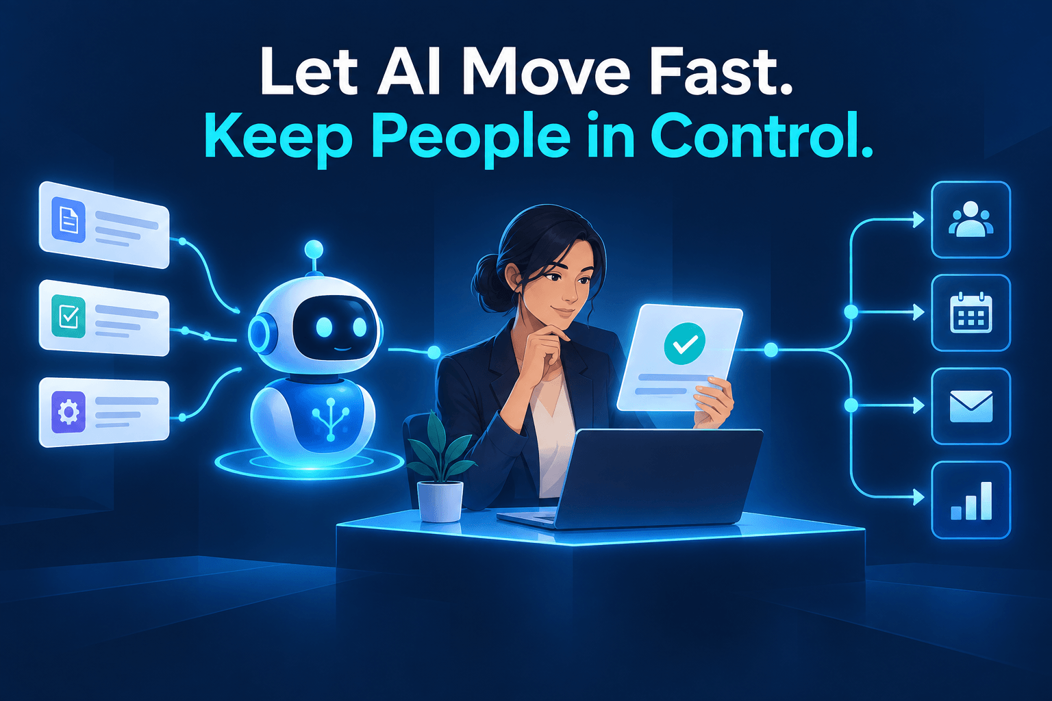 A modern business automation cover image with a dark navy background and a clean workflow diagram. On the left, a bright AI agent icon processes incoming tasks. In the center, an operations manager reviews an approval card before it moves forward. On the right, connected CRM, calendar, email, and analytics icons show a reliable automated workflow. Bold text reads: Let AI Move Fast. Keep People in Control.