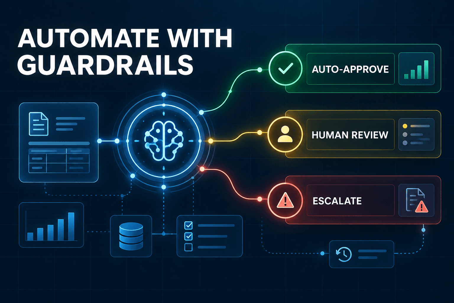 Dark navy AI operations dashboard showing a central agent processing a business task and routing it through green automatic approval, amber human review, and red escalation paths, with structured task cards, checklists, connected data lines, and audit-log icons that communicate controlled, accountable automation.