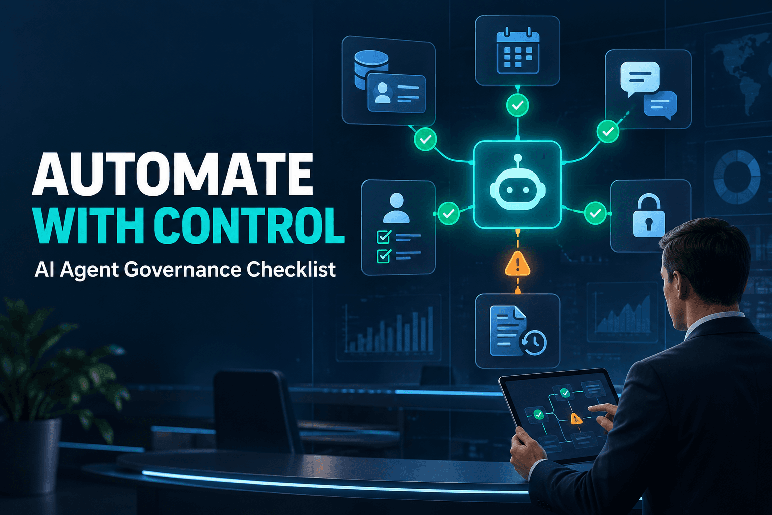 Business operations manager reviewing an AI agent governance dashboard with connected CRM, calendar, messaging, approval, access-control, and audit-log tools; green approvals and amber alerts show automated work under human oversight.