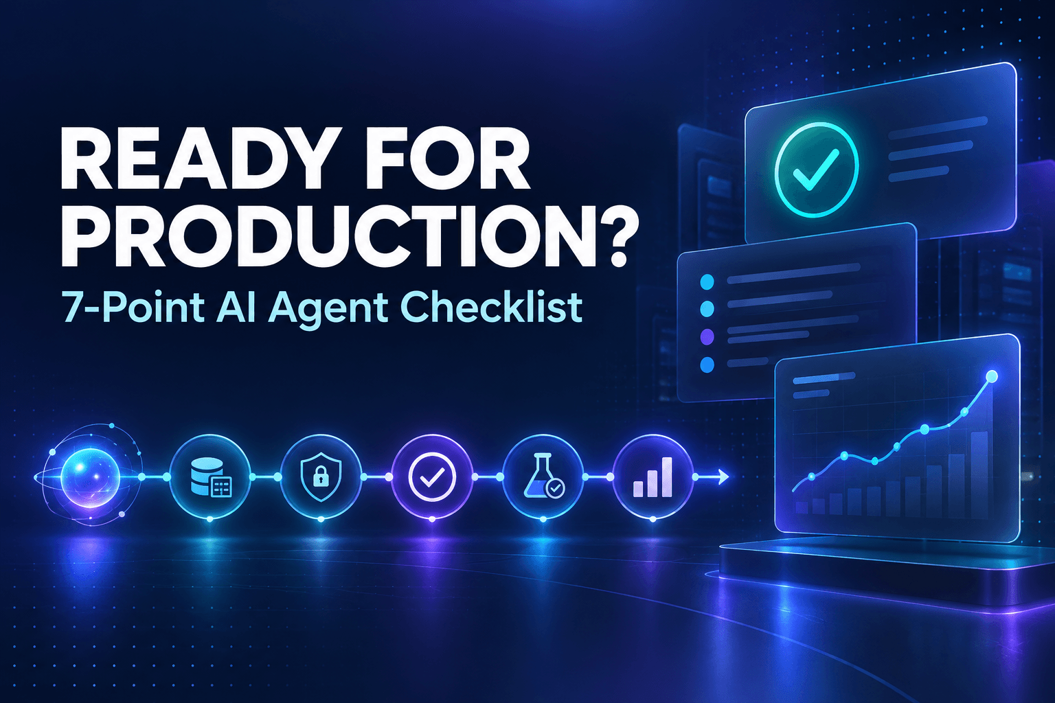 Featured illustration for an AI agent evaluation checklist, showing a glowing AI agent workflow moving through structured data, limited-access permission controls, a human approval checkpoint, testing safeguards, and a KPI dashboard before production deployment. The deep navy operations dashboard includes the headline, Ready for Production?, and the supporting text, 7-Point AI Agent Checklist.