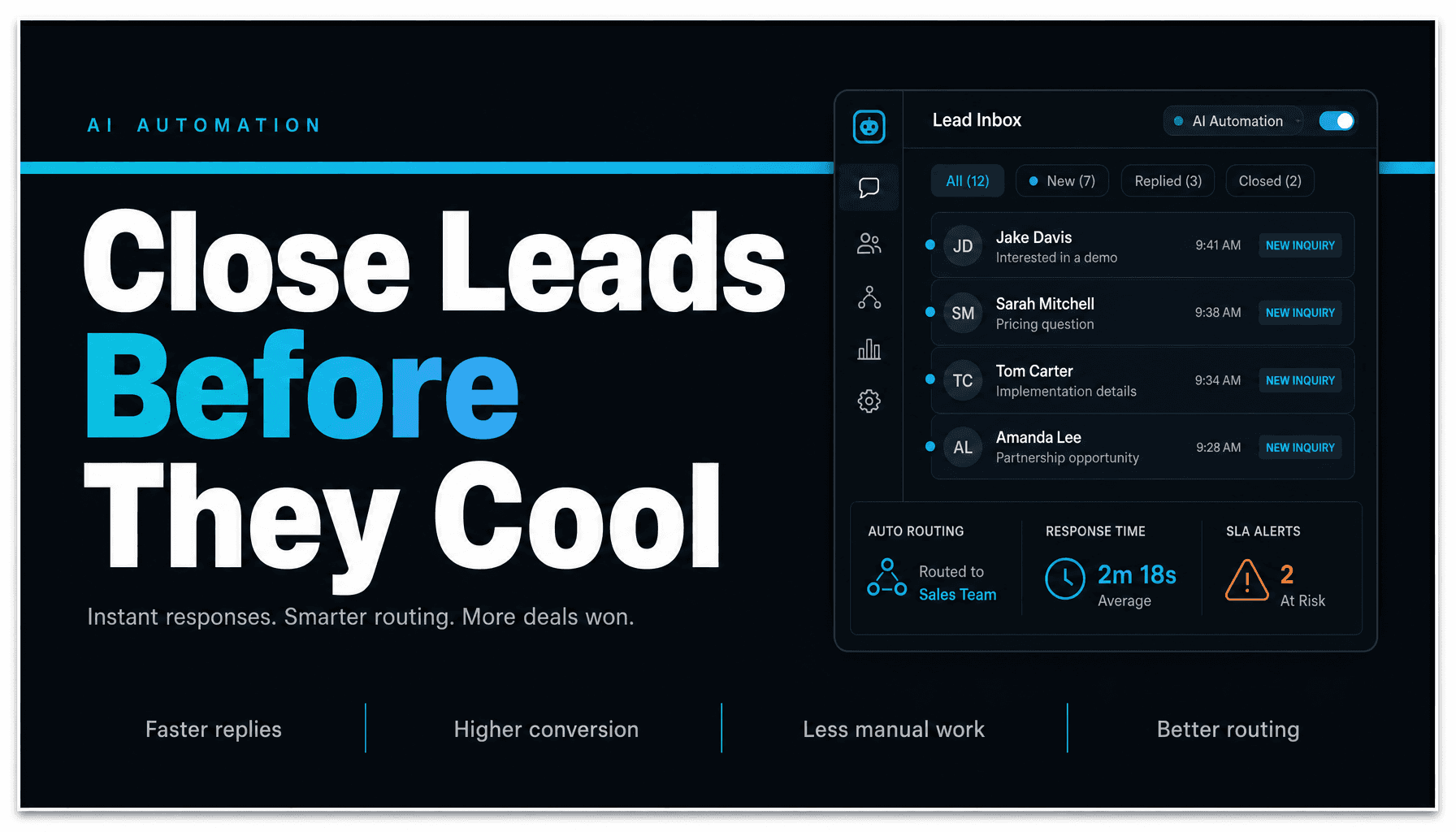 A professional blog cover image featuring bold, sans-serif typography with the headline "Close Leads Before They Cool" prominently displayed. The design uses a cohesive color palette with cyan accents and a minimalist layout, ensuring all text is crisp and readable. The background is designed to look great on both light and dark themes, with a subtle drop-shadow for contrast on light backgrounds. The overall mood conveys urgency and professionalism, emphasizing the importance of quick lead respo